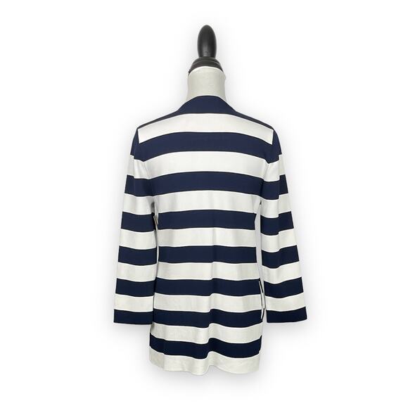 Luii | NWT Anthro Navy & White Stripe Thick Woven Knit Button Front Jacket - Picture 3 of 13